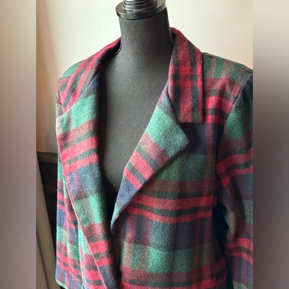Willowridge vintage red green blue wool blend single button plaid blazer size 16 - Picture 2 of 9